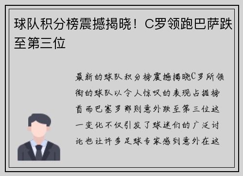 球队积分榜震撼揭晓！C罗领跑巴萨跌至第三位