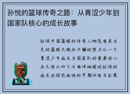 孙悦的篮球传奇之路：从青涩少年到国家队核心的成长故事